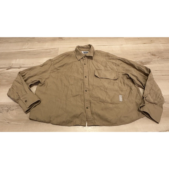 Izzue Women XS Relaxed Worker Shirt Oversize Long Sleeve Pocket Tan - Picture 1 of 7